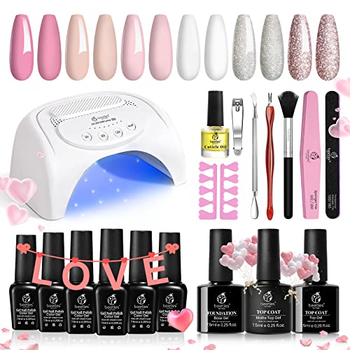 Beetles French White Glitter Gel Nail Polish Starter Kit with U V LED Light 48W Nail Lamp Gel Base Top Coat Soak Off Nude Pink Gel Polish Manicure Kits Valentine