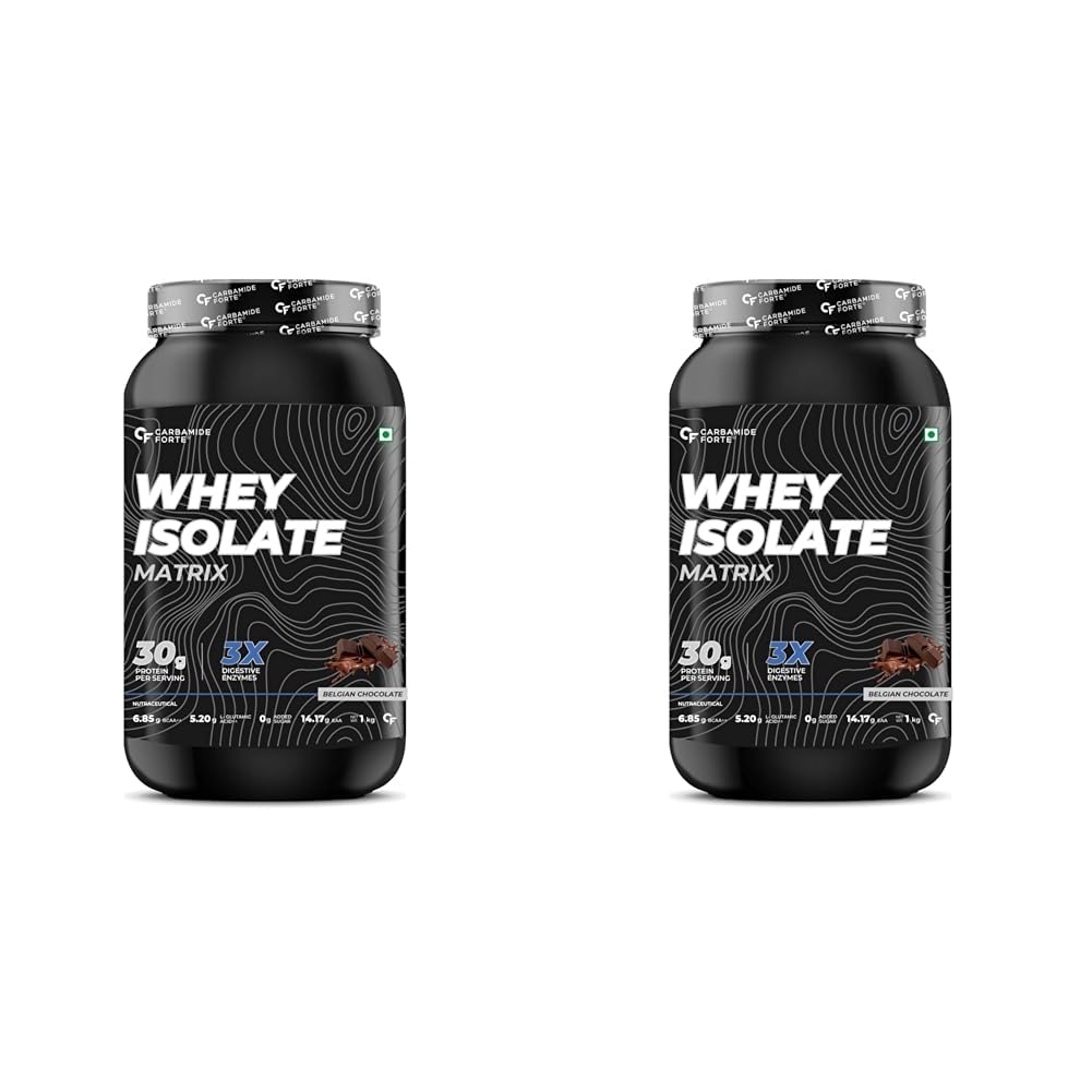 Carbamide Forte Whey Protein Isolate Matrix Protein Powder | 30g Protein per serving with 3X digestive Enzymes | 6.85g BCAA | 14.17g EAA | 0g added sugar | Belgian Chocolate Flavour - 1Kg (Pack of 2)
