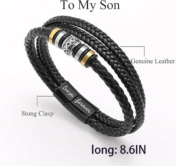 Image of To My Son /Grandson Bracelet From Mom Grandmother, Forever Linked Together Black Braided Leather Infinity Knot Inspirational Bracelets Engraved Love You Forever Birthday Gift Jewelry