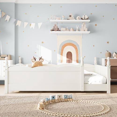 Image of Bellemave Full Size Montessori Floor Bed Frame with High Fence, Solid Wood Kids Floor Bed with Bookshelf, Low Profile Bed for Boys & Girls, Childlike Design,Beige