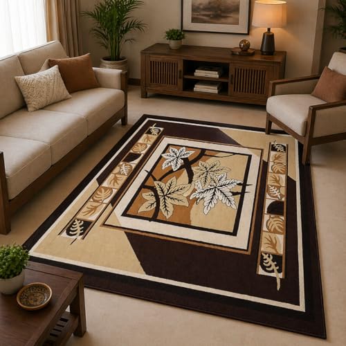 Image of Premium Brown Area Rug 6x8 Feet - Luxury Soft Floral Living Room Carpet Anti-Slip Bedroom Rug