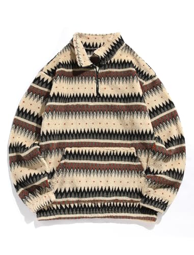 Image of ZAFUL Men 1 /4 Zipper Ethnic Aztec Fleece Unisex Winter Sweatshirt Tops 2026 | Funnel Neck Fluffy Polar Fleece Faux Sherpa Soft Thermal Pullover Kangaroo Pocket Jacket Hoodie Tops