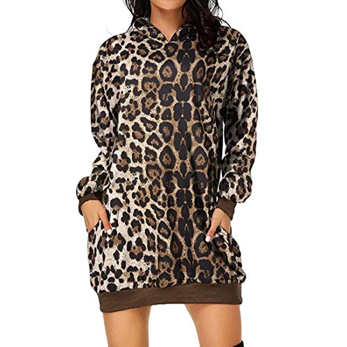 Damen Hoodie Langarm Pullover Sweatshirt Tie Dye Mini Kleider Casual Jumper Tops Leopard Camo Slim Fit Lange Mit Tasche