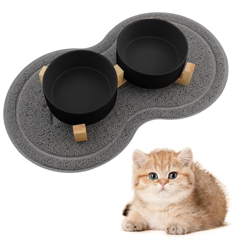 Zosenyer Katzennapf, 2 Stück Keramik Futternapf Katze Set, 3-in-1 rutschfeste Katzennäpfe mit Holzstände und Matten, Fressnapf und Wassernapf für Katzen und Kleine Hunde