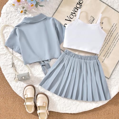 Image of HIHA Girls 3 Piece Outfit Cami Crop Tops Skirt Set with Button Down Shirts Size 6-12