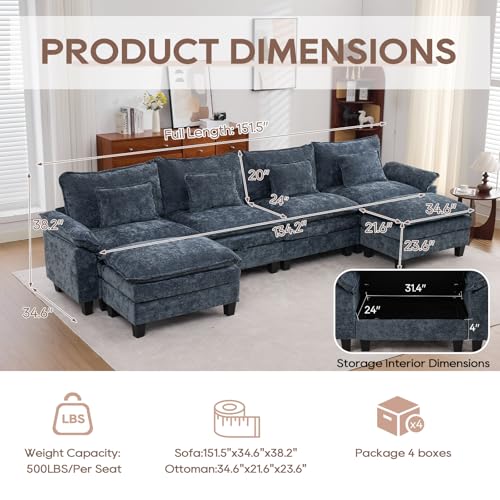 Image of IPKIG 151 inch Modular Cloud Couch with Storage, U Shaped Sectional Sofa with Ottoman & Pillow, Chenille Deep Seat Sectional Couches for Living Room, Apartment, Blue