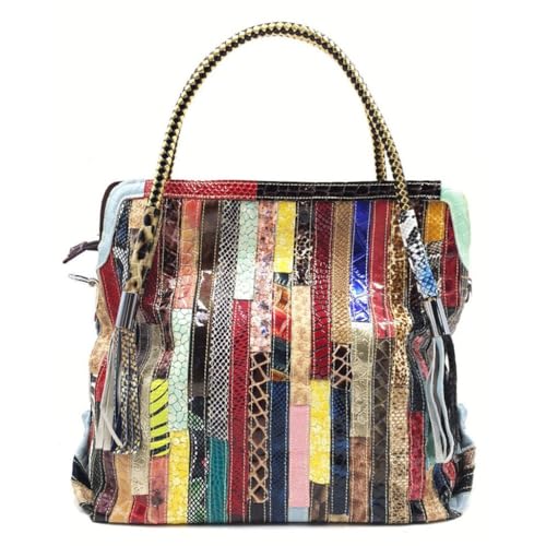 Genuine Leather Women's Bag Grain Colorful Stripe Spell Single Shoulder Slant Tote