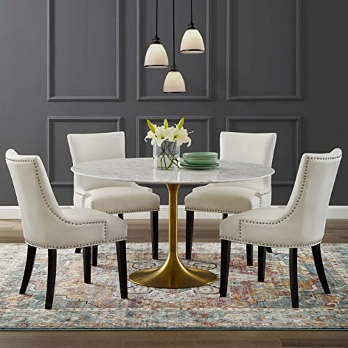 Modway Lippa 54" Mid-Century Dining Table With Round Artificial Marble Top In Gold White #TOP3