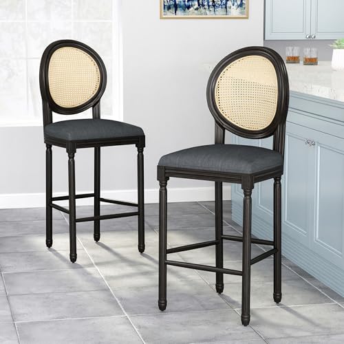 Christopher Knight Home Cheney French Country Wooden Barstools with Upholstered Seating (Set of 2), Charcoal and Black