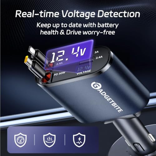 Image of GadgetBite VOLT Car Charger 120 Watt 4 in 1 Charger with Retractable Cables & Dual Ports Type C cable and Lightning cable Super Fast Charger Compatible With iPhone 17 to 11 Pro Max Android iPad - Blue