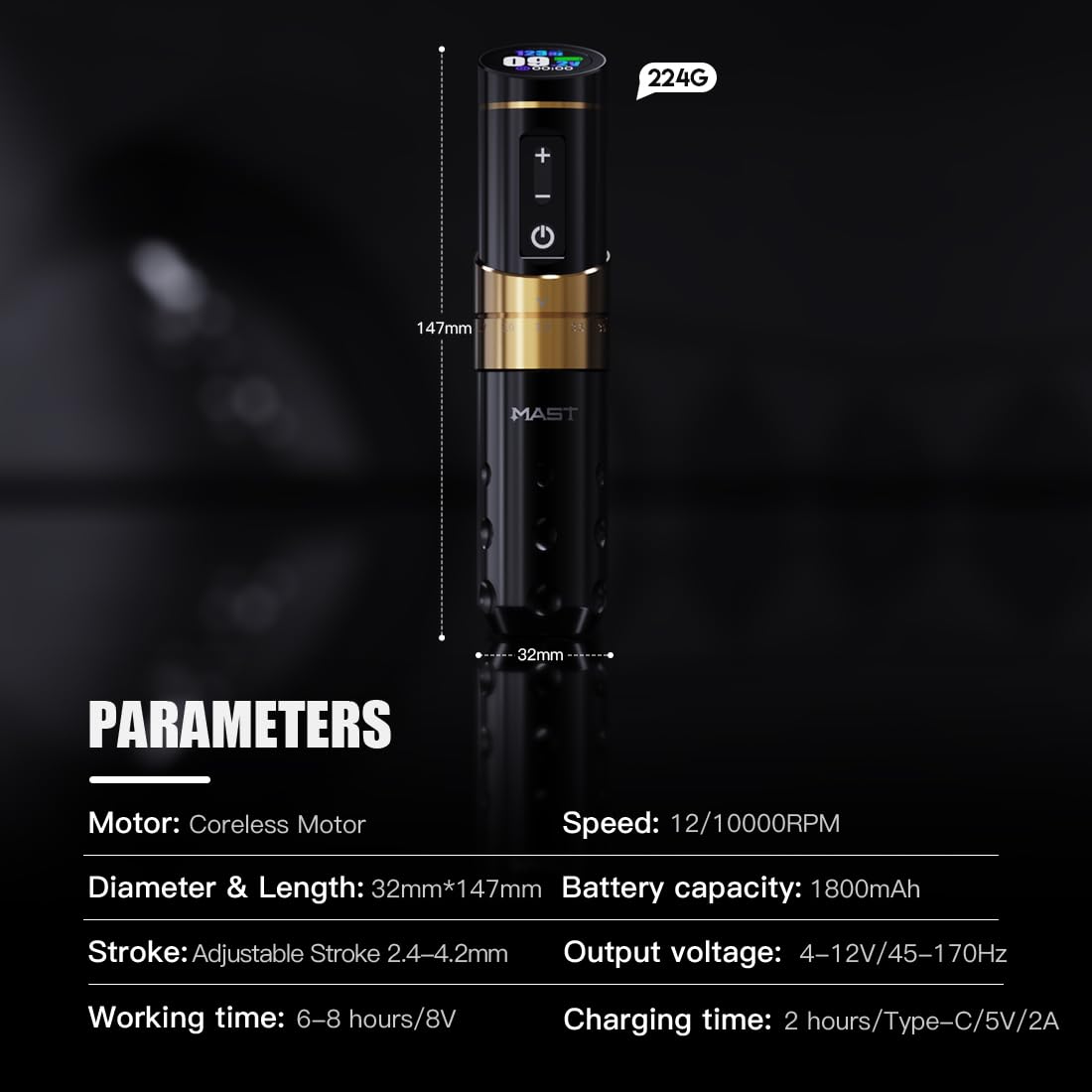 Mast Flip3 Wireless Tattoo Machine Gun Rotary Tattoo Cartridges Pen with 7Adjustable Strokes 2.4mm - 4.2mm with 1800mAh Battery Power Supply for Beginners and Tattoo Artist