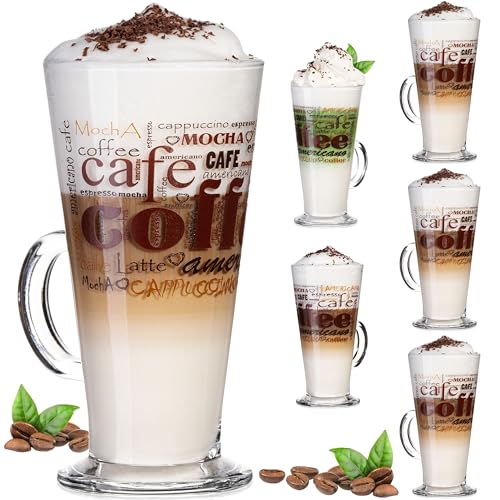 PLATINUX Bicchieri da caffè con motivo max. 280 ml, set da 6 pezzi, in vetro, latte macchiato, con manico, bicchieri da cappuccino