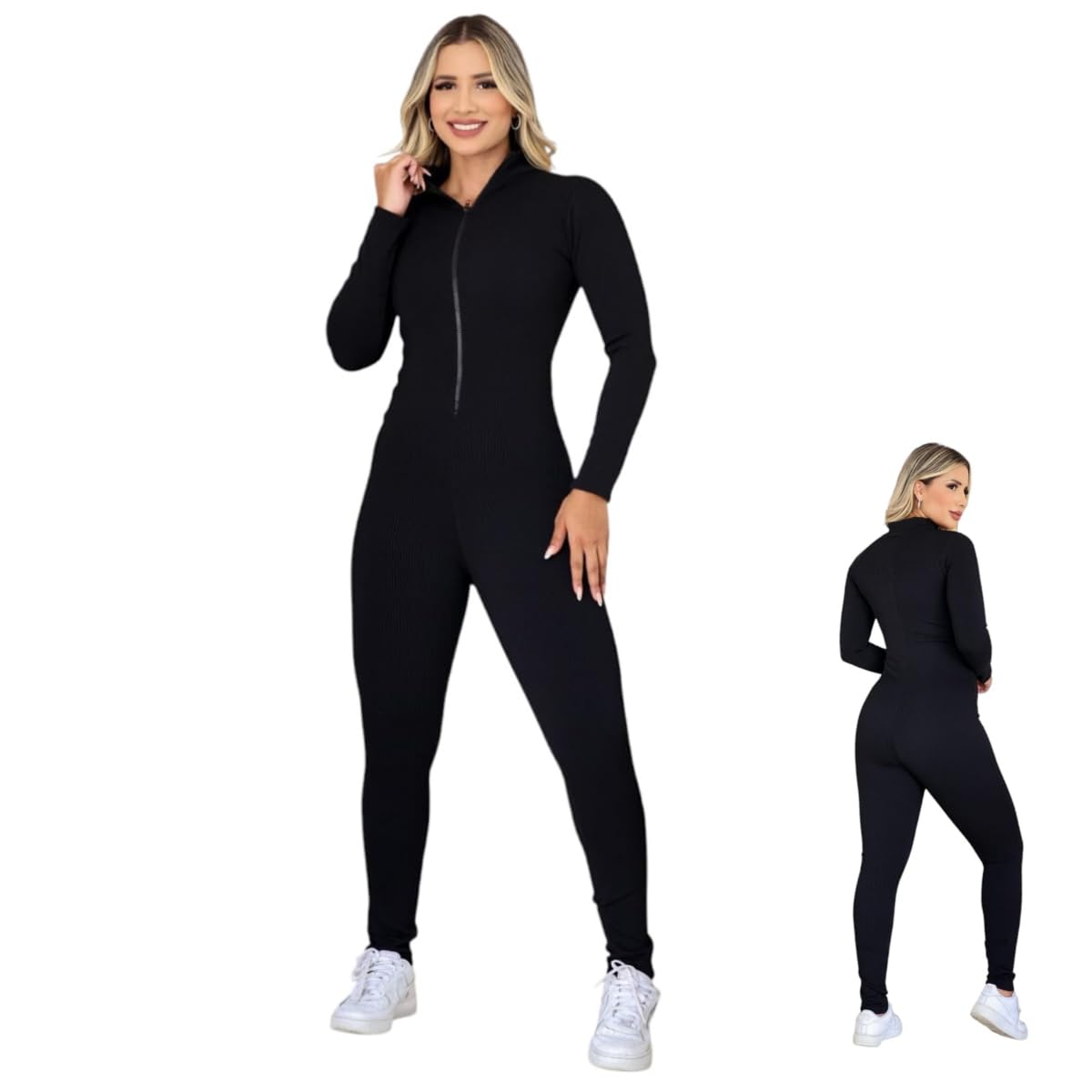 Macacão Longo Canelado Manga Longa Com Zíper Macacão Virgínia Luxo