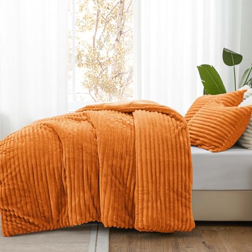 BEDELITE Fleece Full Comforter Set -Super Soft & Warm Fluffy Burnt Orange Bedding, Luxury Fuzzy Heavy Bed Set for Winter with 2 Pillow Cases