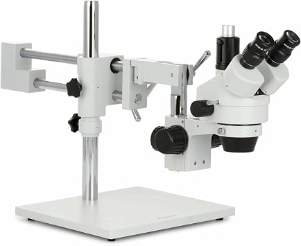 AmScope SM-4TZZ-144A Professional Trinocular Stereo Zoom Microscope, WH10x and WH20x Eyepieces, 3.5X-180X Magnification, 0.7X-4.5X Zoom Objective, Ambient Lighting, Double-Arm Boom Stand, Includes 0.5X and 2.0X Barlow Lens