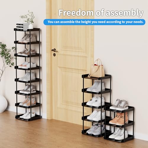 Altdnmaf 8 Ebenen Schmal Schuhregal, Mehrschichtiges Hoch Schuhregale Platzsparend, Stapelbar Klein Standregal, Vertikales Plastik Regal, Shoe Rack für Treppe, Flur, Küche, Schlafzimmer, Schwarz