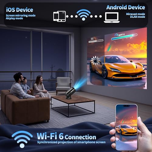 Image of [Built-in Apps & 2026 Upgraded] Mini Projector with WiFi 6 and Bluetooth 5.2 Support 4K 1080P Auto Keystone 270 Rotatable Projector Portable Compatibile with HDMI /TV Stick /Memory Stick /Laptop, Black