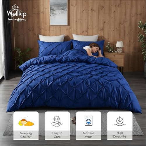 Image of Pinch Pleated Duvet Cover Set 1000TC 100% Cotton Premium 3-Pieces 1-Duvet Cover & 2-Pillow Cover Luxury Look Home and Hotel Zipper & 8-Tie Closure (Royal Blue, Single 60 X 90 Inch)