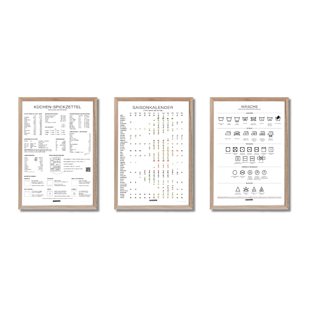 Listenwissen 3er-Set Poster für die Küche: Saisonkalender für Obst & Gemüse, Küchen-Spickzettel & Waschsymbole –Küchenhilfe & Haushalts-Organizer, Deko, Küchen-Poster - A4 inkl. Rahmen natur