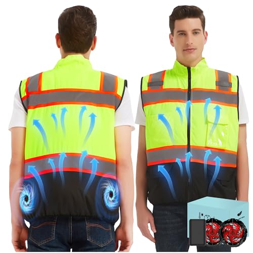 Lvkakmox Chaleco refrigerante con batería de 21 V 20000 mAh y 2 ventiladores sin escobillas, chaleco de ventilador de refrigeración para hombres y mujeres, Amarillo - Reflectante, XL