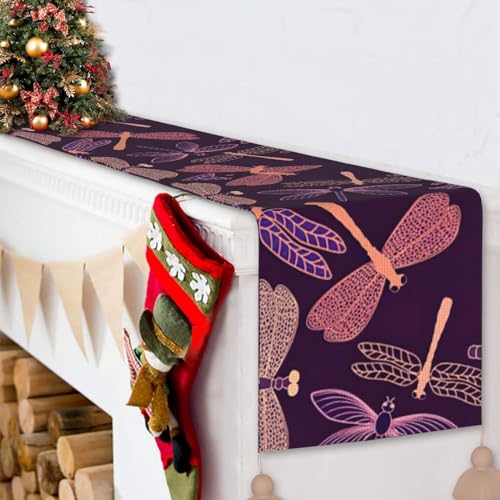 Chemin de table libellule violette avec pompons chics pour décoration de maison