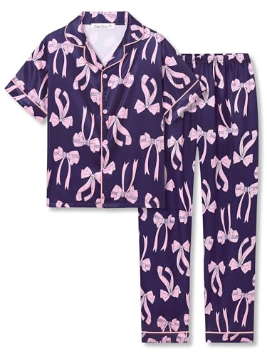Beezizac Little & Big Girls Pajama Satin Silky Yellow & Pink Leopard 2-PC Short Sleeves & Pants Set Kid Size 6-16