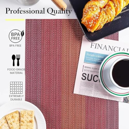Image of Potency Table Mats Set of 6, Woven Placemats for Dining Table, Heat-Resistant, Stain-Resistant, Anti-Skid, Washable PVC Table Mats, Vinyl Placemats for Dining, Kitchen & Restaurant Table (H Red)