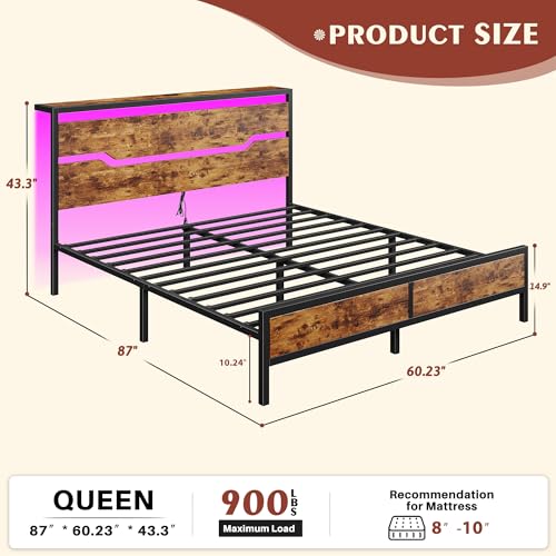Image of Homkdom Queen Bed Frame with USB Ports & LED Lights, Headboard Shelf, Heavy Duty Metal Platform with 10.24 inch Underbed Storage, Noise-Free Slats, No Box Spring Needed, Modern Brown