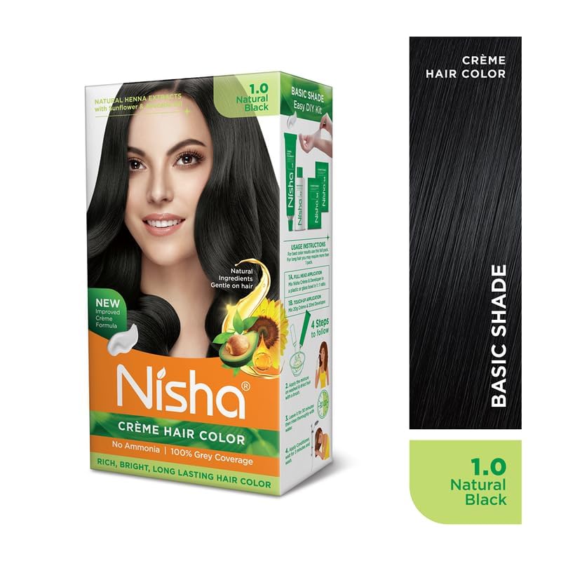 Image of Nisha Creme Hair Color, Permanent Hair Colour Natural Black, Silky & Shiny 100% Grey Coverage & Ammonia Free Color With Natural Henna Extract, 60G+60Ml
