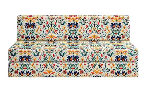 Image of Rosebell 4 Seater Foldable Printed Sofa Cum Bed (6 x 6 Feet) with Washable Cover | Multicolor | Ideal for Living Room, Office & Guest