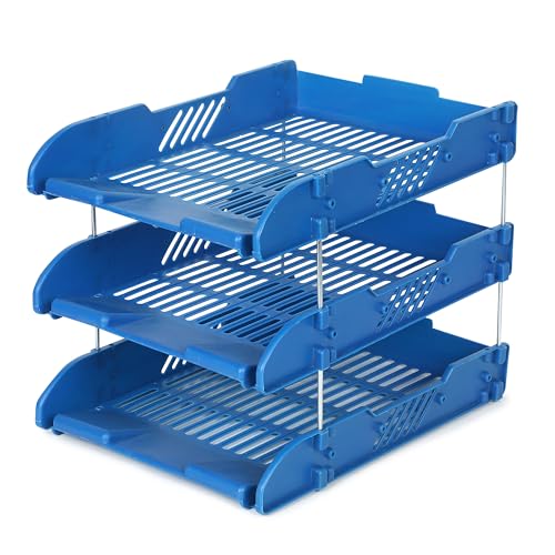 Image of File Tray Rack ABS Plastics | Foldable Office Desk Accessories | Durable & Sturdy | Easy Assembly | Efficient Organizer | Plastic Office Stationery Files Layer Rack (3 Layer, Blue)