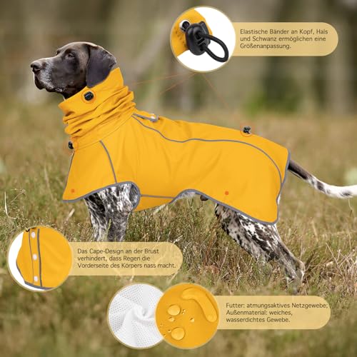 Sugiifamy Regenmantel Hund, Wasserdichter Hunderegenmantel, Einstellbare Regenjacke Hund mit Klettverschluss und Sicheren Reflektierenden Streifen für Kleine Mittelgroße Groß Hunde (Gelb, L)
