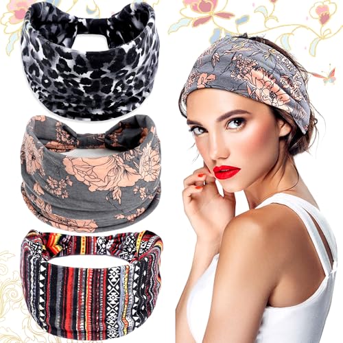 SoundZero 3 Piezas Elástico Cinta Banda para El Cabello, Cinta Pelo Elástico Ancho Turbantes Para Mujer, Bohemias Estampado Cinta Pelo de Leopardo, Bohemia Bandana Yoga Deportivo Headband (3 colores)