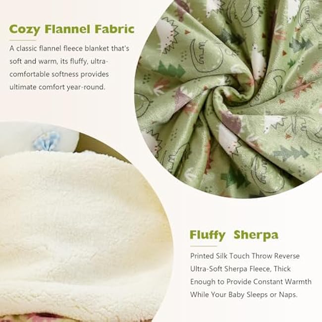 30x40 Double-Layered Sherpa Kids Blanket Cozy£¬Baby Blankets for Boys and Girls£¬Minky Blankets Plush Flannel with Dinosaur£¬Toddler Blanket for Crib Stroller,Green