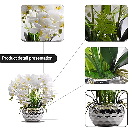 Faux Orchid Artificial Flowers With Silver Ceramic Vase, Artificial Plants For Home Table Decor Indoor #TOP1