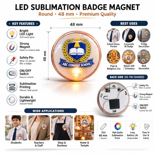 Image of Rangoli Personalized LED Badge Magnet 48 mm Round Custom Photo Logo Badge with Light Safety Pin & Magnet Sublimation Printed ID Badge. D-14