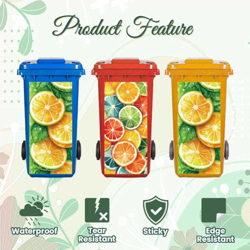 Image of Peacoblue Wheelie Bin Stickers 2 Sheets Lemon Slices Sticky Dustbin Stickers Decals, 15 inch x 32 inch Waterproof Large Wraps for Trash Cans Bins Fridges Door Wall Garden Outdoor Indoor Patio Decor