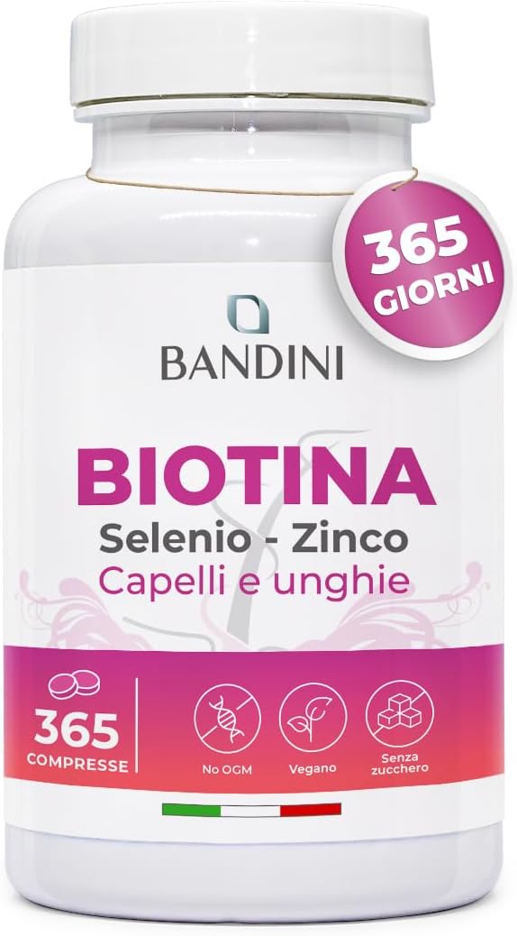 Bandini Biotina per Capelli, Unghie e Pelle, Integratore con Selenio, Zinco e Vitamine, Crescita Capelli e Anticaduta, 365 Compresse, Alto Dosaggio e Assorbimento, 1 Anno di Trattamento Completo