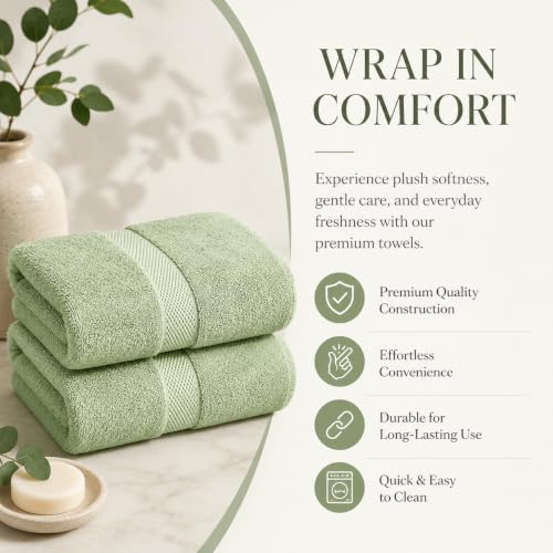 Image of Sulfar 100% Combed Cotton, Quick Drying Highly Absorbent, Luxury Hand Towel Set (Pack of 2, 40 X 70 cm) Nature Green