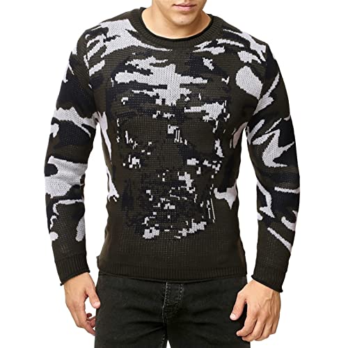 (Wool) Sweater Mens Camouflage Skull Knitted Crewneck Sweater Long Sleeve Winter Tops Pullover Jumper Sweater(B,XL)