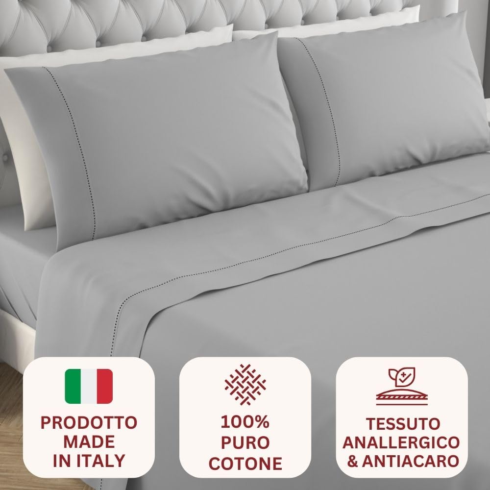L'ANTICO ARCOLAIO - Completo Lenzuola Matrimoniali 100% Cotone Italiano, Set Anallergico e Antiacaro, Federe Cuscini Incluse, Qualità e Manifattura Made in Italy Certificata (Grigio)