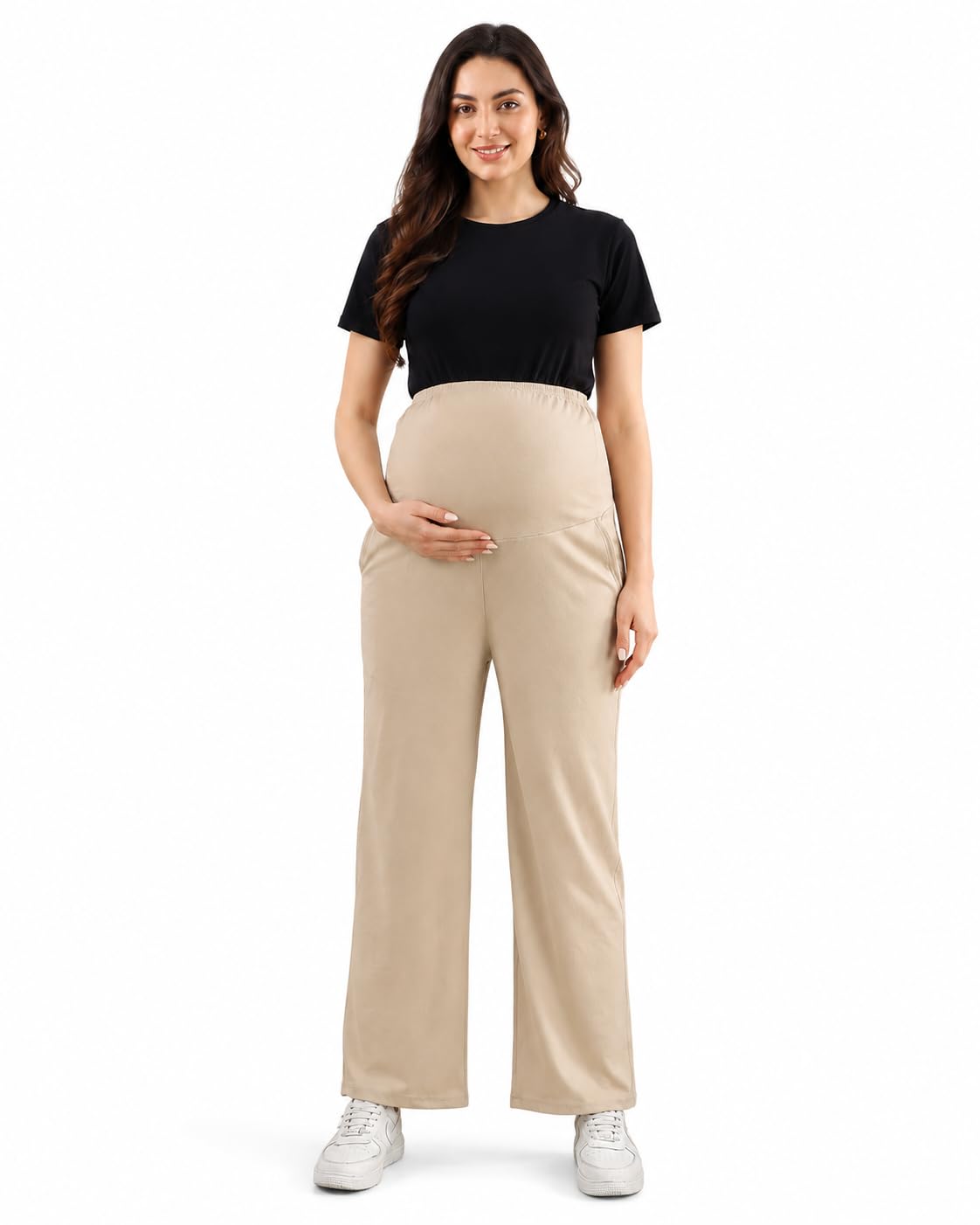 Women's Maternity Track Pants | Soft Cotton Pregnancy Pants with Over Belly Support | Stretchable Full Length Maternity Bottom Wear | Beige-image-47