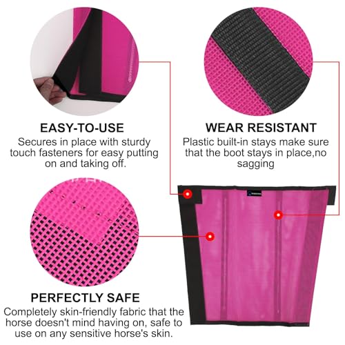 Image of FOXLVDA Pony Fly Boots (Donkey /Mini Horse), Set of 4 - Loose Fitting Design, Breathable, Adjustable & UV Protective with Support Bars for Reduce Stomping & Leg Fatigue, 13hh-14.2hh (Pink, Medium)