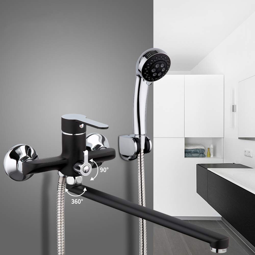 Grifo Mezclador baño, Grifo bañera latón, Grifo Mezclador Ducha baño Negro con Cabezal Ducha Mano ABS y caño Giratorio bañera Acero Inoxidable