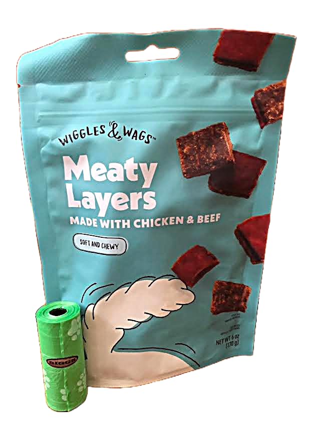Dog Treats Meaty Layers Made with Chicken & Beef Soft and Chewy. One 6 OZ (170 g) Plus Biggs Dog Waste Roll.