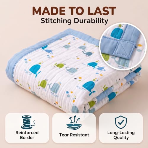 Image of StarAndDaisy Muslin Cotton Blanket 110 x 110 cm, Soft Lightweight Baby Blanket with Whale Print, Breathable Muslin Wrap for Newborns, Infants and Toddlers.