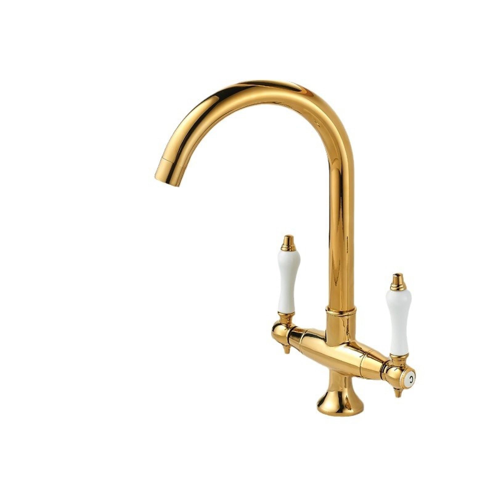 Fanjubei Golden Kitchen Double Handle Vegetable Basin Sink Hot And Cold Water Faucet, Gold