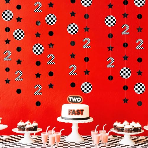 Image of Two Fast Birthday Party Decorations Black & White Checkered 2nd Polka Dot Star Hanging Garland Banner for Checkered 2 Year Old Race Car 2 Fast 2 Curious Dirt Bike Birthday Decorations Supplies