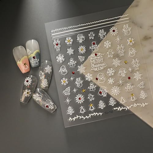 Image of Snowflake Snowman Nail Decals - 5D Embossed Self Adhesive Rhinestone Christmas Tree Stickers for Nail Art Designs - Christmas Supplies