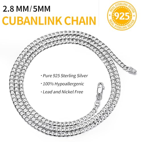 ChicSilver 2.8mm/5mm Solid 925 Sterling Silver Cuban Link/Figaro Chain Necklace for Women Men, 14, 18, 20, 22, 24, 26, 28 Inch(with Gift Box)3